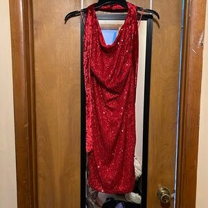 Red sequin lace up dress